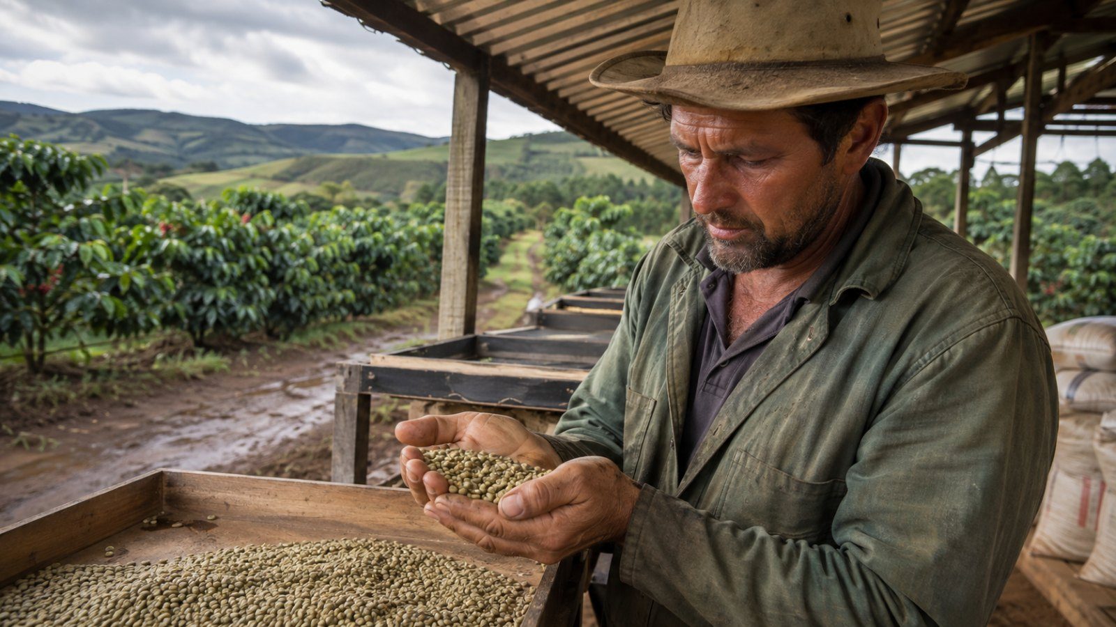 Produtor com grãos de café nas mãos